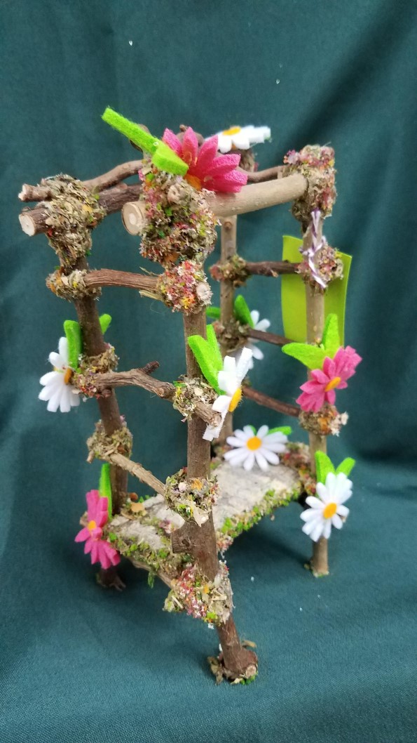 Twig Gazebo with White and Pink Daisies - 7'' Tall - Fairy - Fairy Garden - Doll House - Hand Made