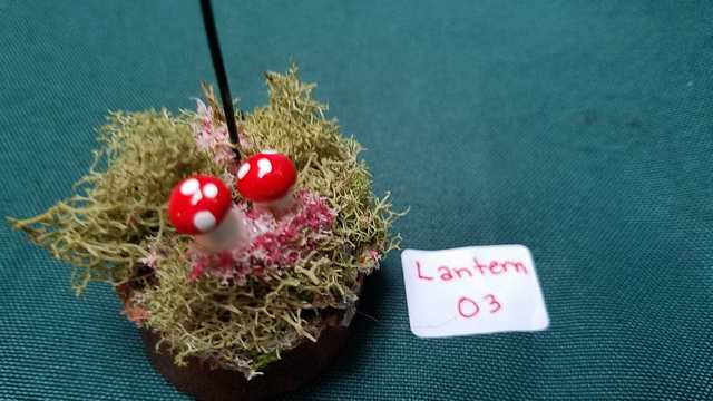 Miniature Lantern - Red Lamp - Wood Base - Moss - Mushrooms - Fairy Garden - Dollhouse - 6'' Tall - Hand Made