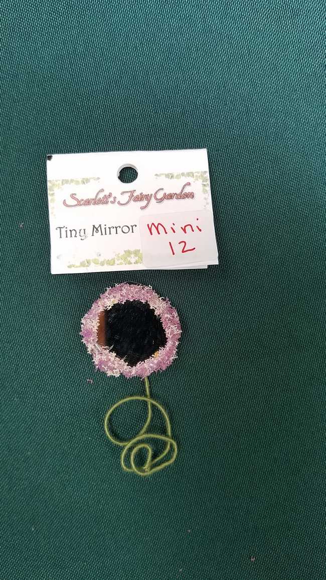 Miniature Round Fairy Mirror - Pink Flowers - Curly Green Handle - Dollhouse - Fairy - Barbie - 2'' Tall - Hand Made