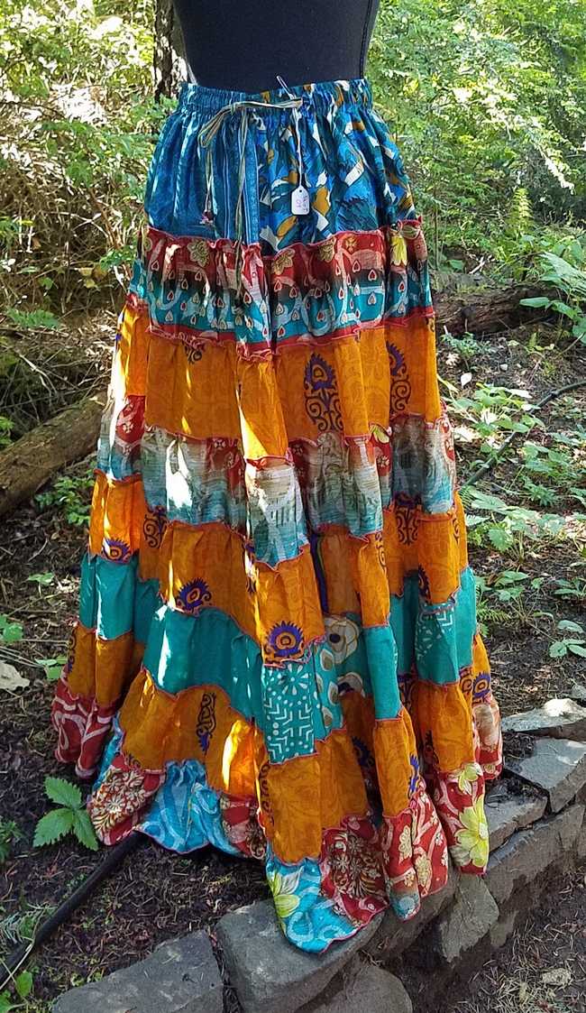 Maxi Skirt -  Orange/Blue/Turquoise - Elastic Waist - 8 Tiers - Indian - Banjara - Tribal - Festival - Silk - One Size