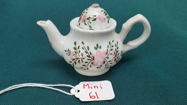 Miniature Teapot - Vintage - White with Green Leaves & Pink Flowers - 2'' High