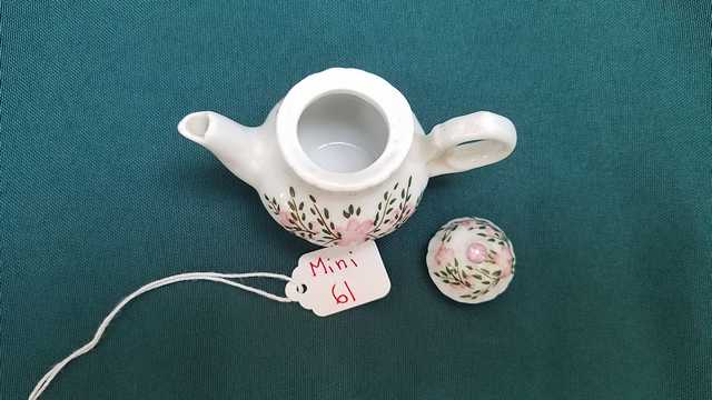 Miniature Teapot - Vintage - White with Green Leaves & Pink Flowers - 2'' High