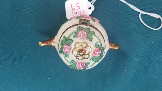 Miniature Teapot - Vintage -  White with Gold Trim - Pink Roses - Green Leaves - Golden Spoon - 2'' High