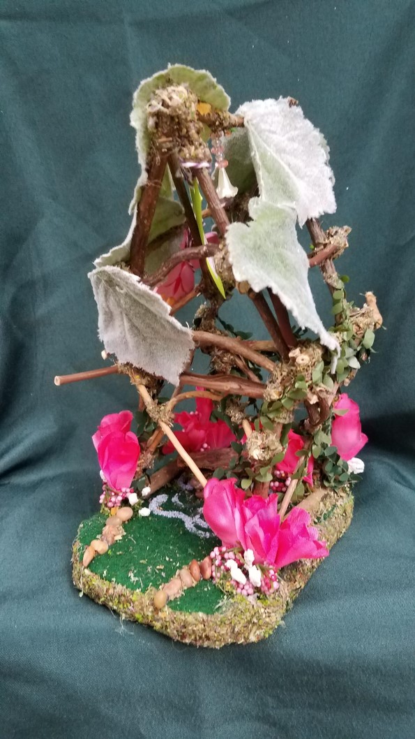 Twig Fairy House - Pink Flowers - Leaf Roof -  Table - Fairy Garden - Fairy Doll Included - 9