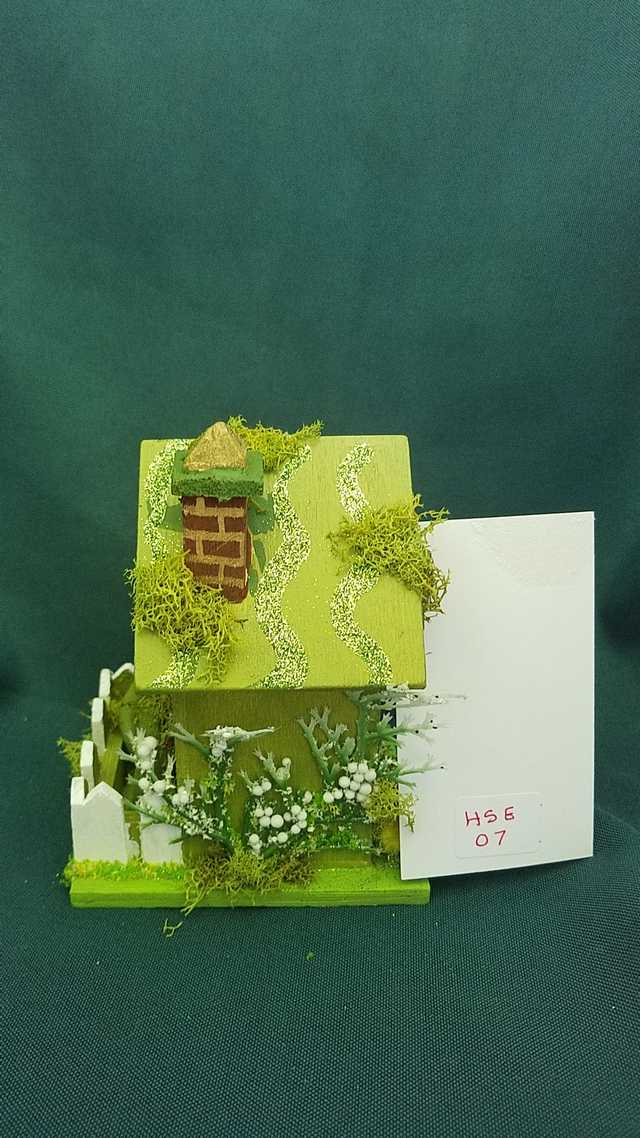 Miniature Wood Fairy House - Moss Green - Chimney - Picket Fence - Vines -  Fairy Garden - 5'' Tall - Hand Made