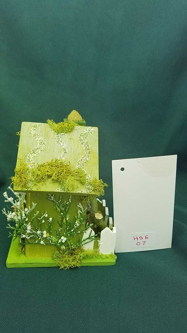 Miniature Wood Fairy House - Moss Green - Chimney - Picket Fence - Vines -  Fairy Garden - 5'' Tall - Hand Made