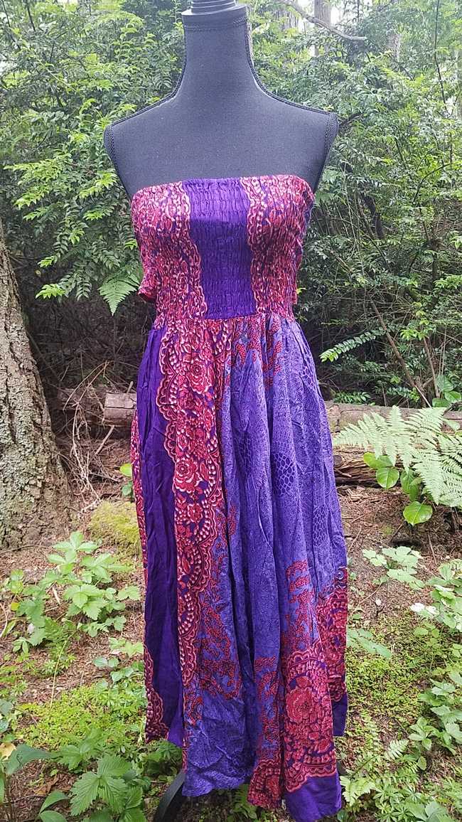 Strapless Dress - Purple & Red - Smocked Bodice - Rayon - One Size