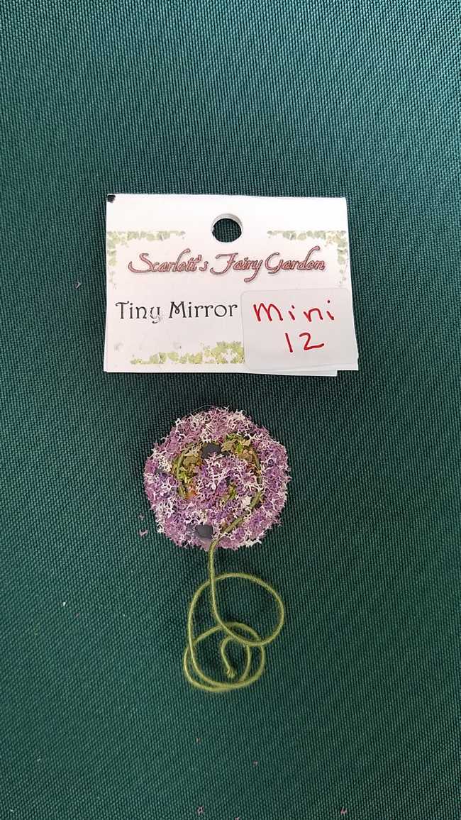 Miniature Round Fairy Mirror - Pink Flowers - Curly Green Handle - Dollhouse - Fairy - Barbie - 2'' Tall - Hand Made