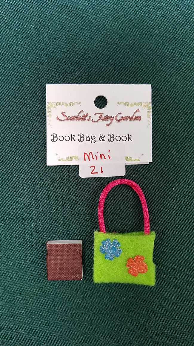 Miniature Green Felt Book Bag - Tiny Book Included - Dollhouse - Fairy - Barbie - 2'' - Hand Made