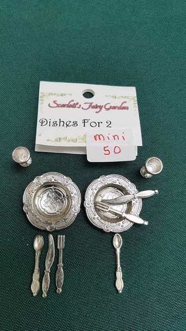 Miniature Pewter Dishes and Goblets - Knives - Forks - Spoons - Dollhouse - Fairy - Barbie - 10 piece set