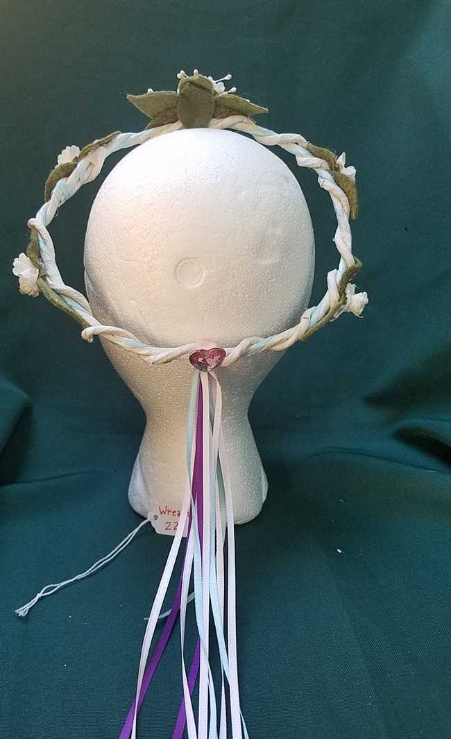 Hair Wreath - Fairy - White Flowers - Pink Gems - Pink/Blue/Purple Ribbon - Wedding - Festival - Hand Made