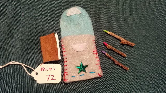 Miniature Fairy Doll Backpack -  Blue & Gray - 5 Piece Set - Brown Suede Journal with Pencils- Hand Made